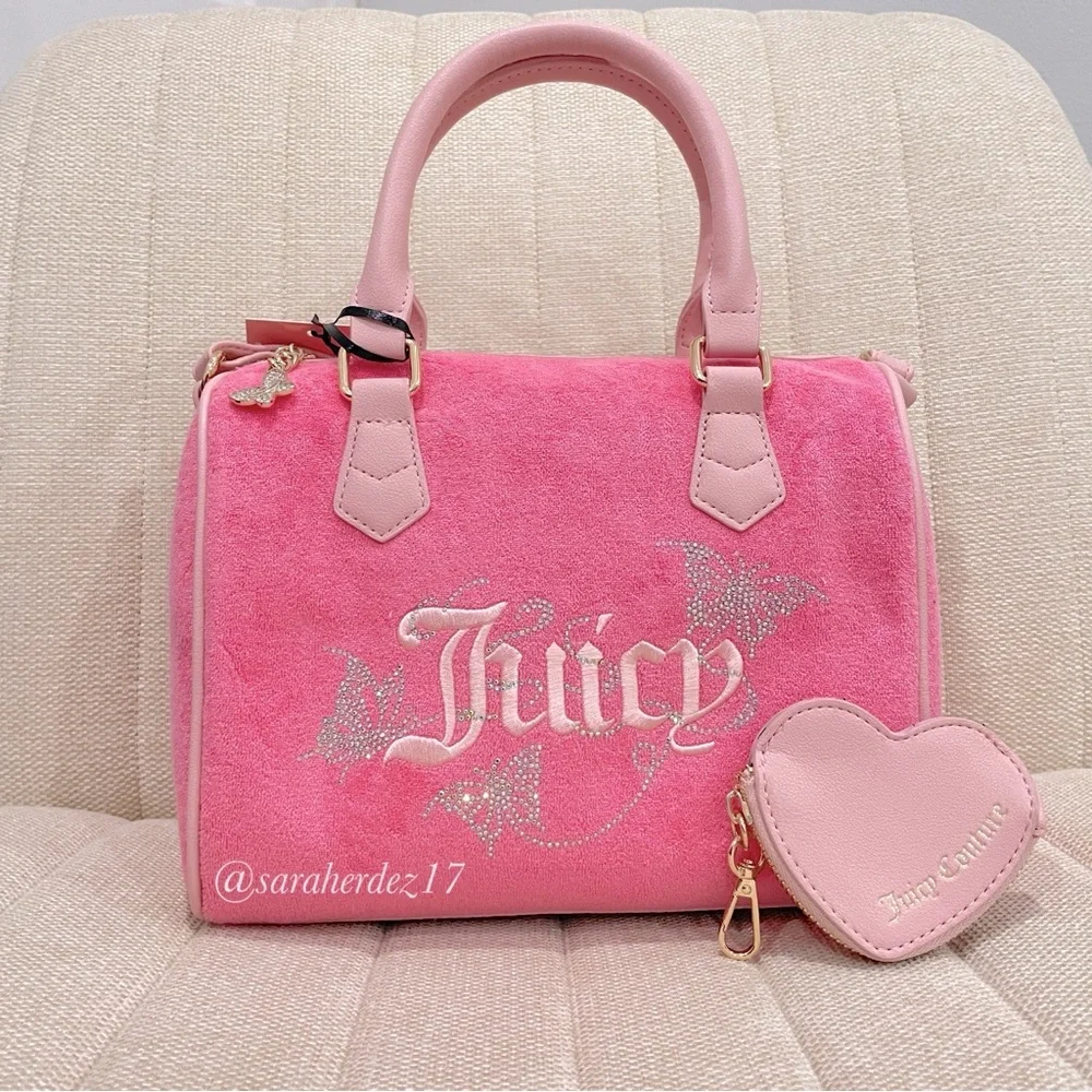 NEW Juicy Couture Pink Terry Cloth Barrel Bag Butterfly Rhinestone Satchel